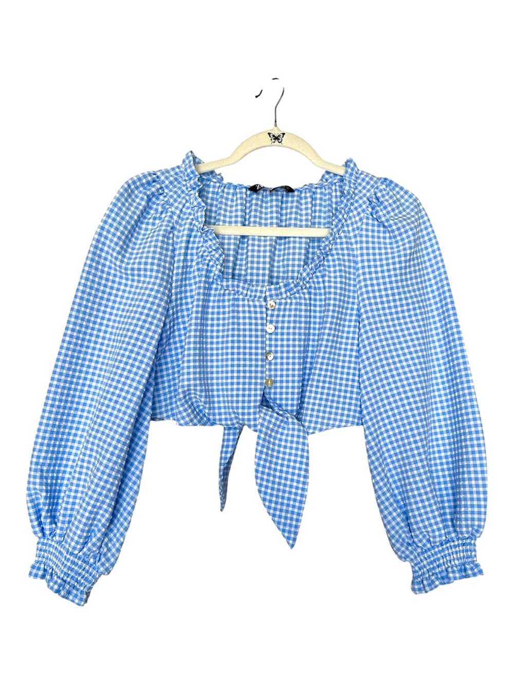 Zara White & Blue Gingham Long Sleeve Crop Top Size Small